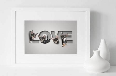 4 photos of small dog chihuahua each one positioned in a cutout letter of the word love