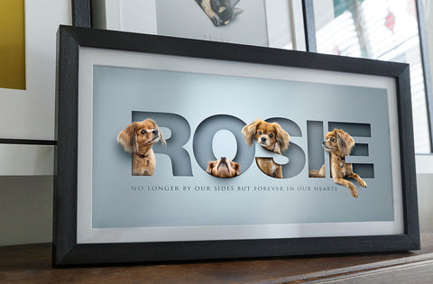 black framed memorial letter print of a dog posing inside the letters of her name