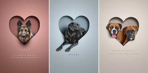 3 examples of pet memento prints with dogs inside cutout heart shape and personal words underneath