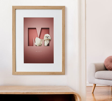 framed print of a cute dog posing in a cutout letter hanging on the wall