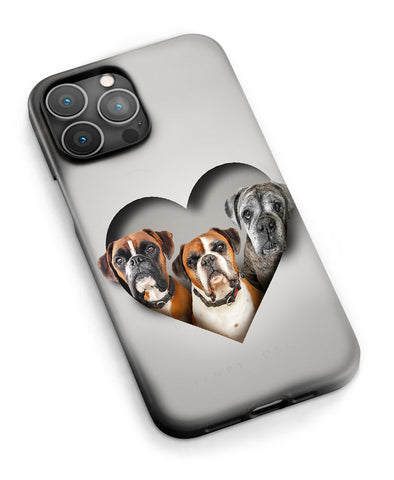 personalised iphone case with a memorial picture of 3 deceased boxer dogs