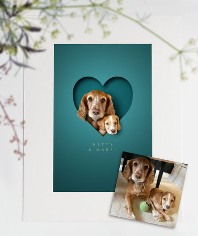 striking teal green pet print showing two spaniels together in a heart and the original phone phot