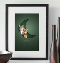 Load image into Gallery viewer, cute cat picture with a realistic 3D look. A tabby and a ginger cat sit together in a crescent moon paper cutout with their names underneath in an elegant typeface