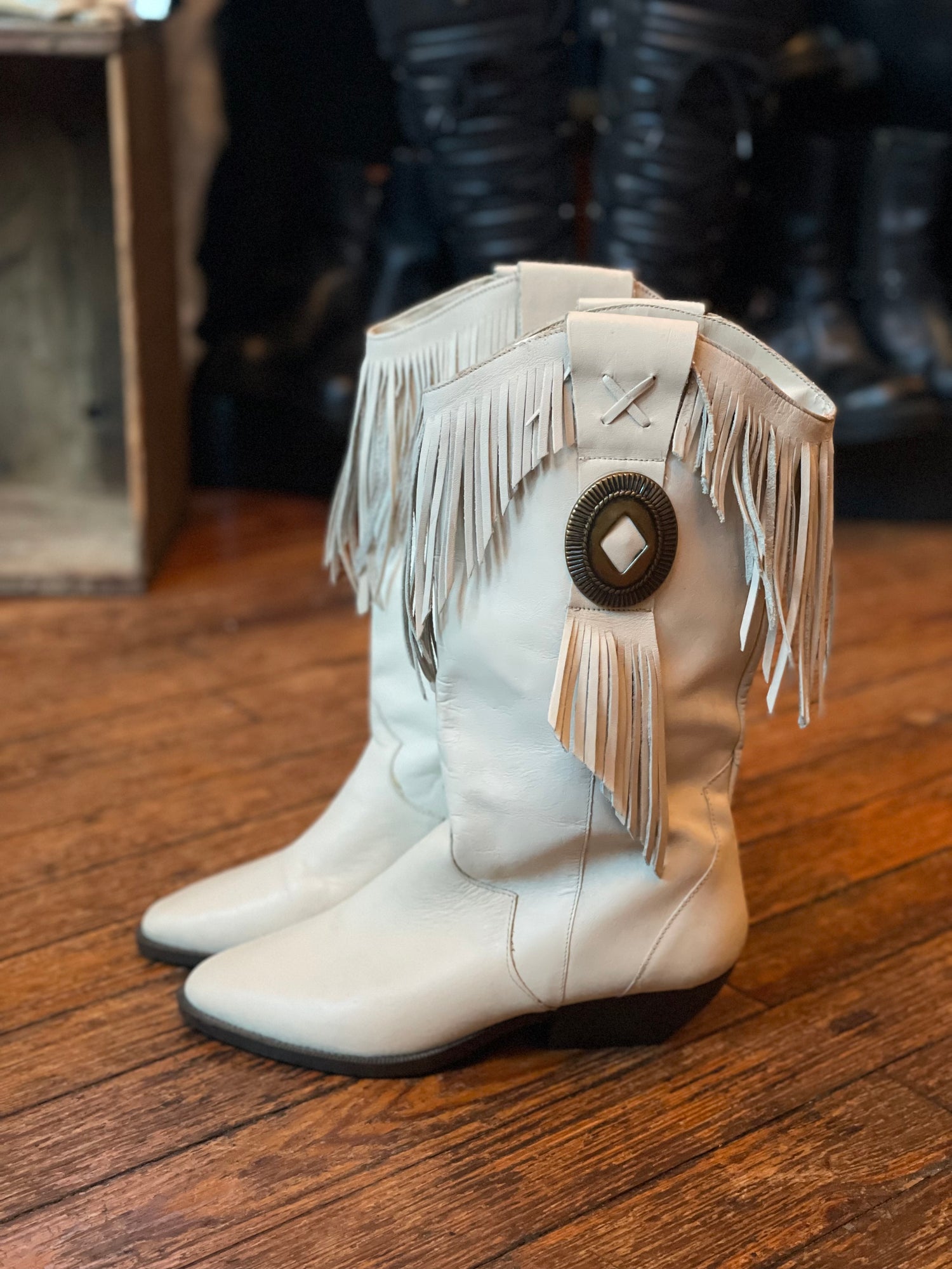 Vintage White Fringe Concho Cowboy Boots