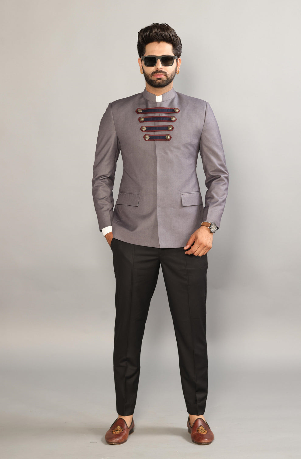 Denim Grey Jodhpuri Blazer With Strap Lock Pattern | Black Trouser ...