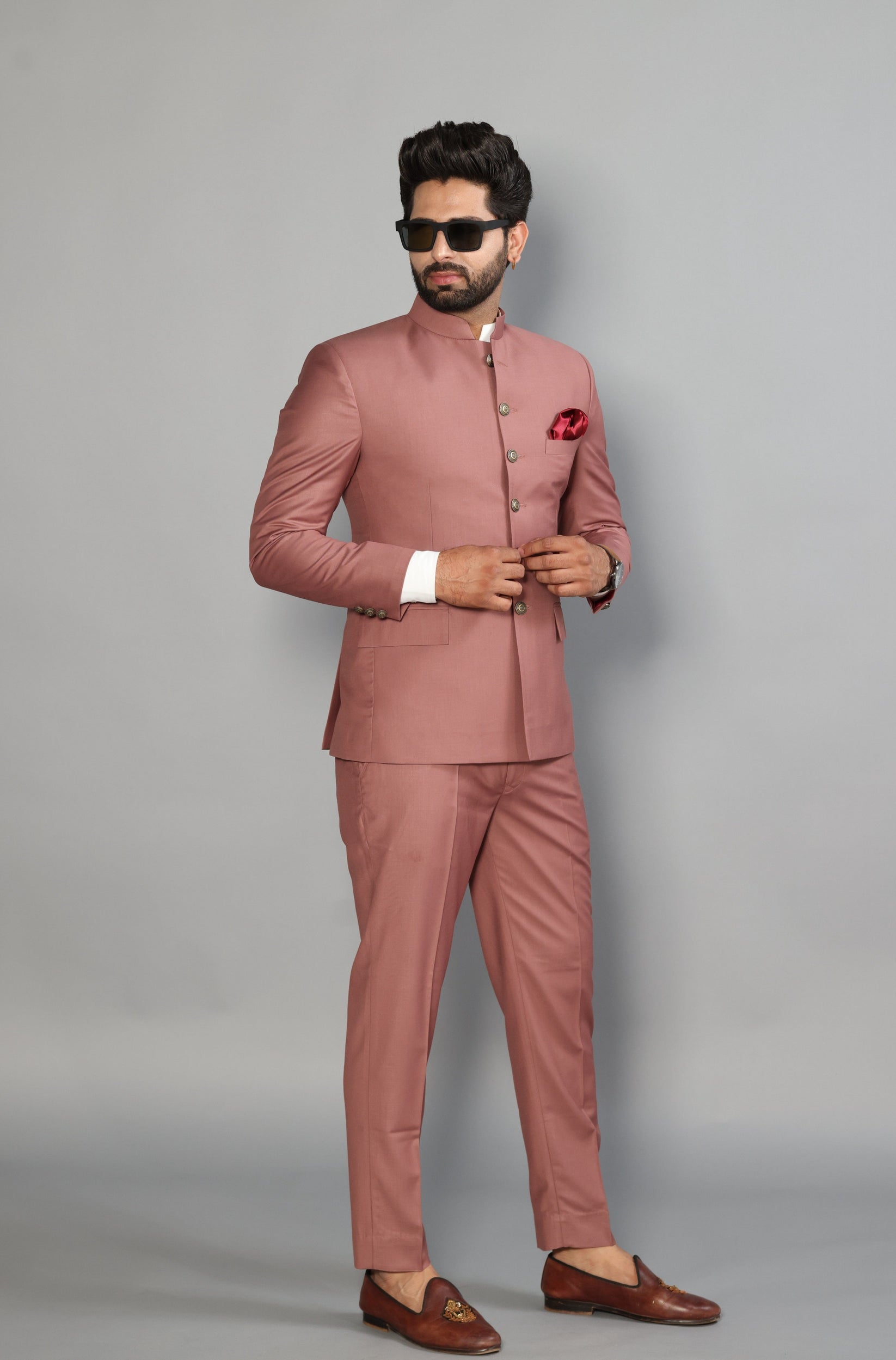 Rose Wood Jodhpuri Suit With Red Pocket Square – Rajanyas