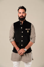 Black Velvet Puff Pocket Half Jodhpuri Jacket with Kurta Breeches Set|