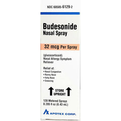 allergy relief from allergy medications image of Budesonide Nasal Spray 32 mcg per spray glucocorticoid nasal allergy sympton reliever relief of nasal congestion runny nose itchy nose sneezing apotex corp store upright