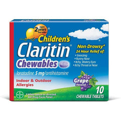 allergy relief from allergy medications image of childrens claritin chewables loratadine 5mg antihistamine indoor and outdoor allergies ages 2 years and older non-drowsy 24 hour relief of sneezing runny nose itchy watery eyes itchy throat or nose grape flavor 10 chewable tablets bayer when taken as directed see drug facts panel