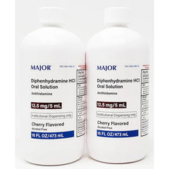 allergy relief from allergy medications image of diphenhydramine HCI Oral Solution by Major 12.5 mg 5mL Cherry Flavored 16 FL OZ 473 mL Antihistamine Institutional Dispensing Only