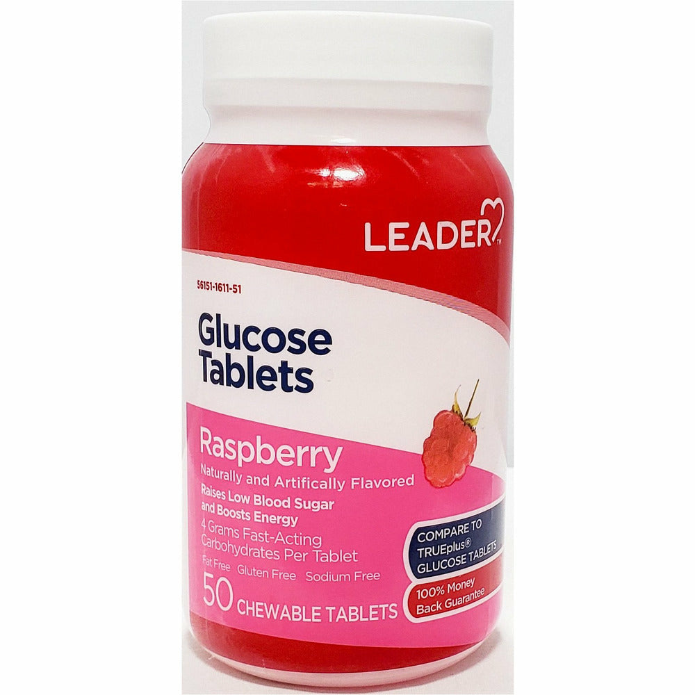 Glucose Tablets 50 Chewable Tablets (Raspberry Flavor) by Leader