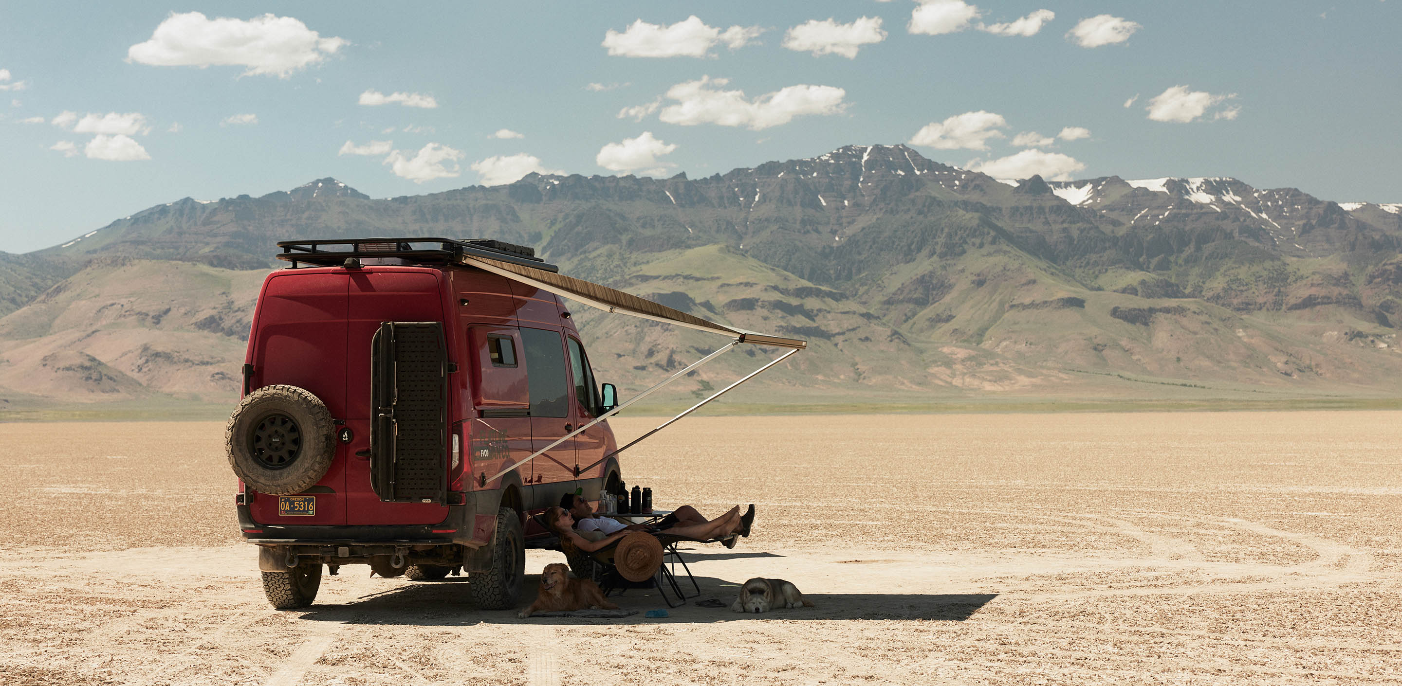 Red Sprinter Van Camping in the Alvord Desert