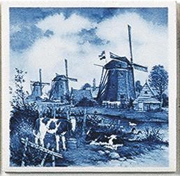 Dutch Landscape Magnet Tile Delft Calves/Windmill - Collectibles, CT-210, Decorations, Dutch, Home & Garden, Kitchen Magnets, Magnet Tiles, Magnet Tiles-Scenic, Magnets-Dutch, Magnets-Refrigerator, PS-Party Favors, Van Hunnik, Windmills