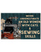 Sewing An Old Woman With Cats And Sewing Skills Horizontal Canvas And Poster | Wall Decor Visual Art