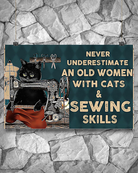 Sewing An Old Woman With Cats And Sewing Skills Horizontal Canvas And Poster | Wall Decor Visual Art