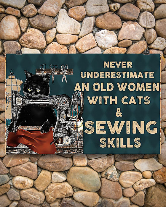 Sewing An Old Woman With Cats And Sewing Skills Horizontal Canvas And Poster | Wall Decor Visual Art