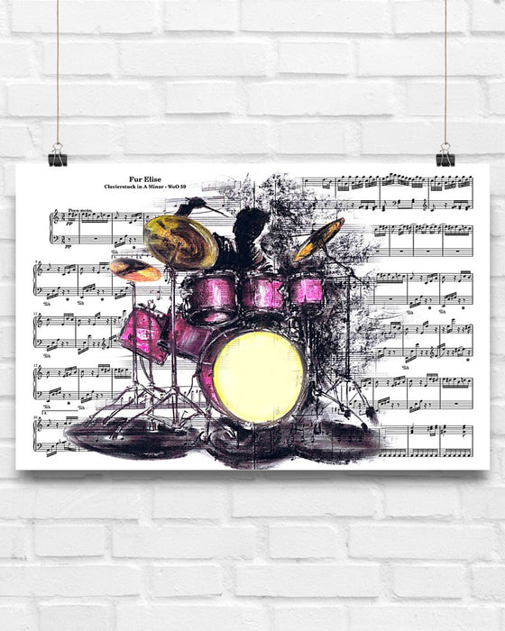 Drummer Playing Drums Music Sheet Art Horizontal Canvas And Poster | Wall Decor Visual Art