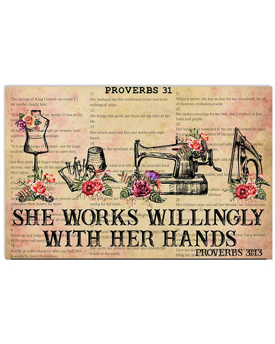 Sewing She Works Willingly Horizontal Canvas And Poster | Wall Decor Visual Art