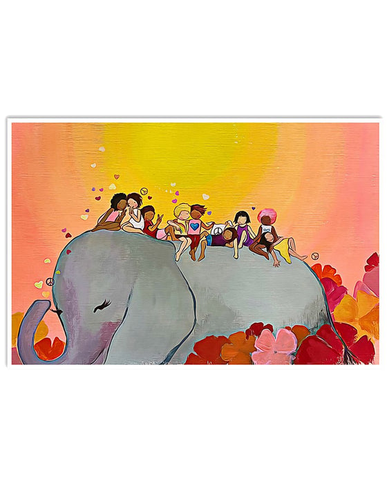 African - Black Art - Elephant And Kids Horizontal Canvas And Poster | Wall Decor Visual Art