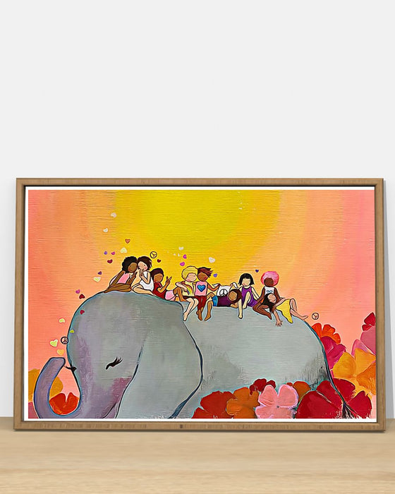 African - Black Art - Elephant And Kids Horizontal Canvas And Poster | Wall Decor Visual Art