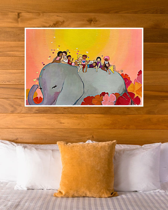 African - Black Art - Elephant And Kids Horizontal Canvas And Poster | Wall Decor Visual Art