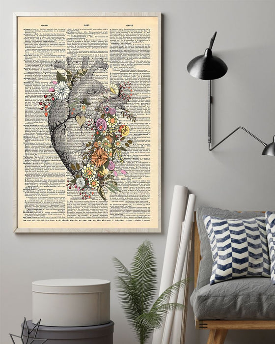 Vintage Floral Human Heart Cardiologist Vertical Canvas And Poster | Wall Decor Visual Art
