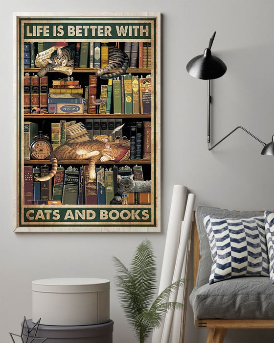 Book Lovers Life Is Better With Books And Cats Vertical Canvas And Poster | Wall Decor Visual Art