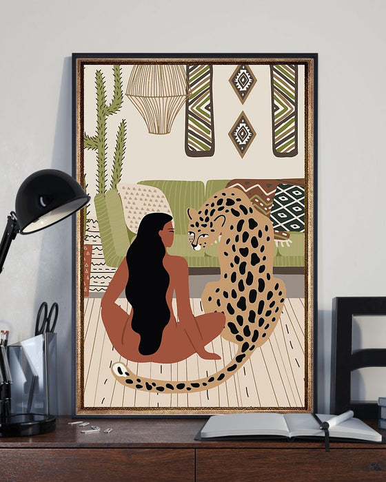 African - Black Art - Black Girl And Her Leopard Vertical Canvas And Poster | Wall Decor Visual Art