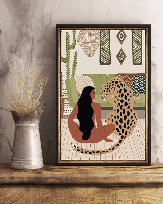 African - Black Art - Black Girl And Her Leopard Vertical Canvas And Poster | Wall Decor Visual Art