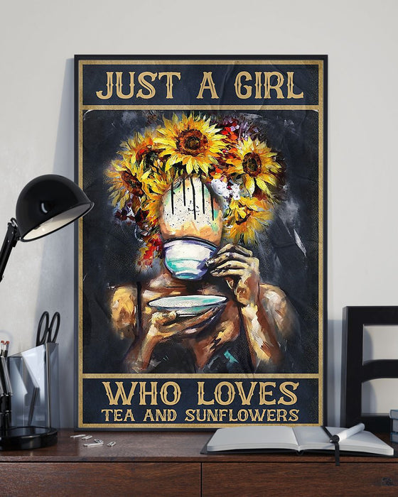 African - Black Art - Beautiful Girl Loves Tea And Sunflowers Vertical Canvas And Poster | Wall Decor Visual Art
