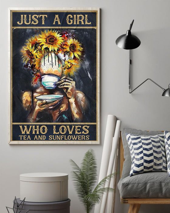 African - Black Art - Beautiful Girl Loves Tea And Sunflowers Vertical Canvas And Poster | Wall Decor Visual Art