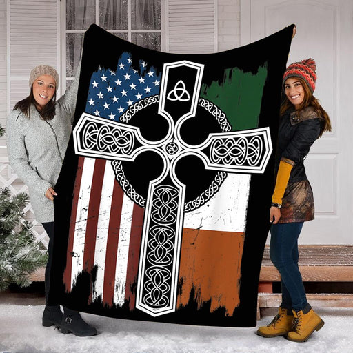 American Irish Flag With Celtic Cross St Patricks Gift Fleece Blanket