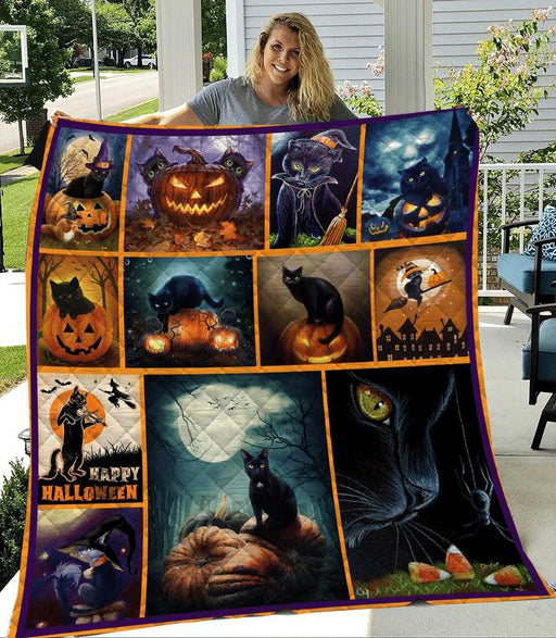 Black Cat Pumpkin Happy Halloween Fleece Blanket