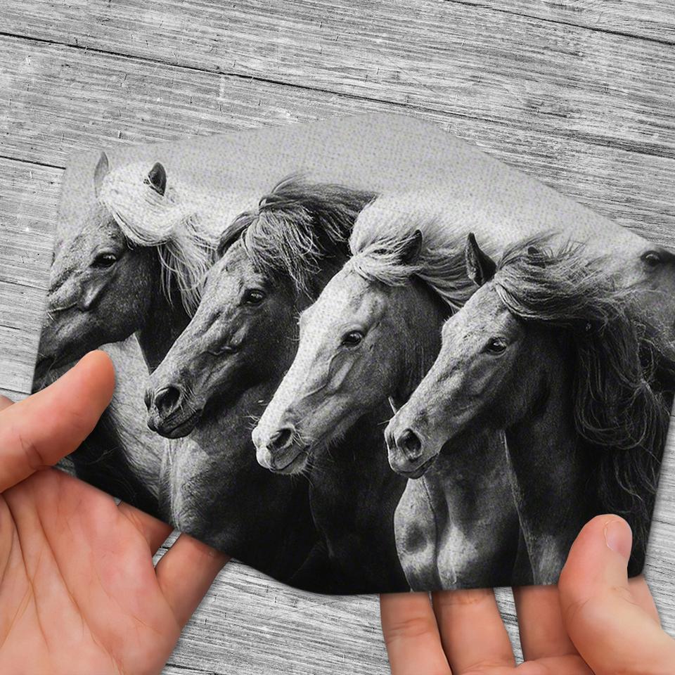 Horse Herd Going Ahead Black And White Washable Cloth Mask 1617036292891.jpg