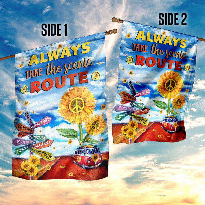 Always Take The Scenic Route Hippie Roadtrip Flag | Garden Flag | Double Sided House Flag - GIFTCUSTOM