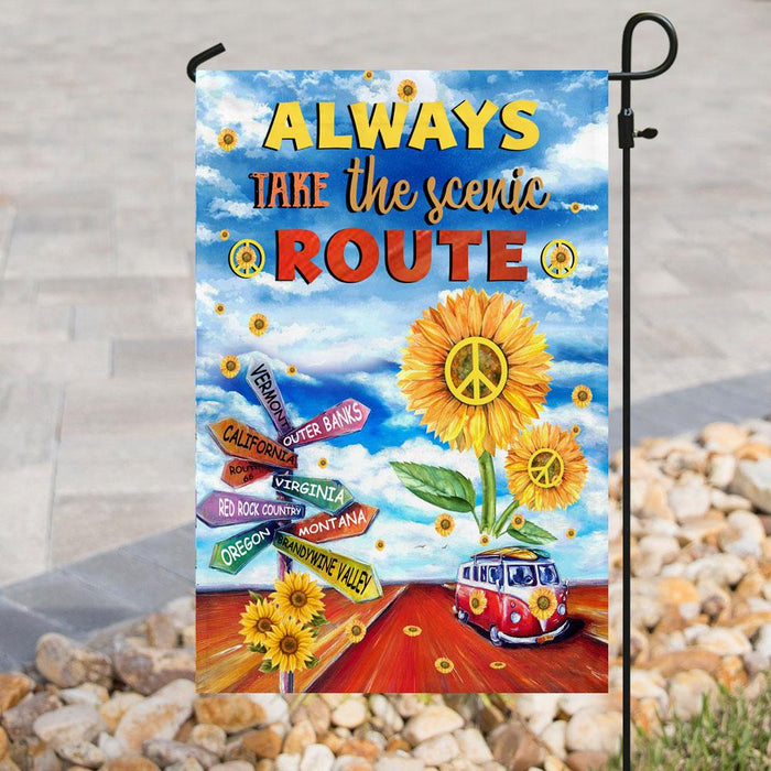 Always Take The Scenic Route Hippie Roadtrip Flag | Garden Flag | Double Sided House Flag - GIFTCUSTOM