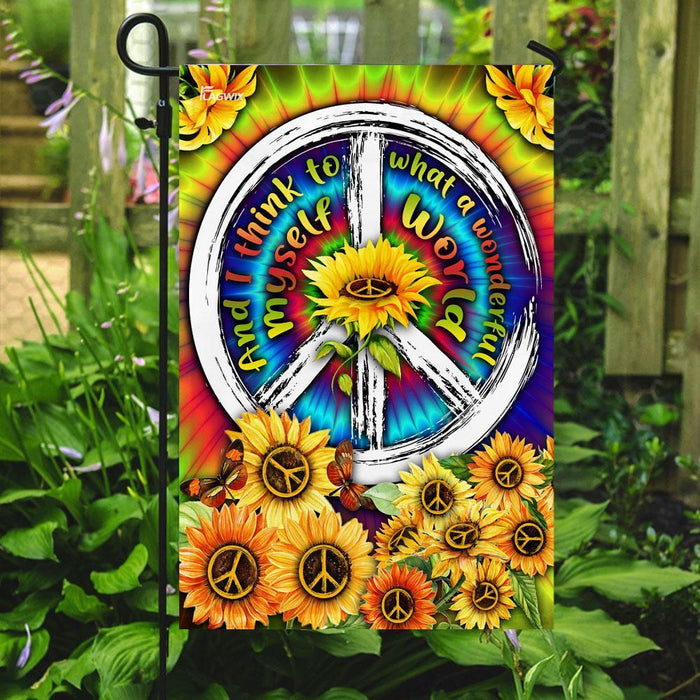 And I Think To Myself What A Wonderful World Hippie Tie Dye Sunflower Flag | Garden Flag | Double Sided House Flag - GIFTCUSTOM