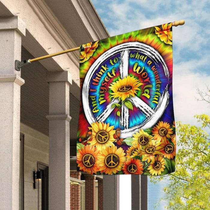 And I Think To Myself What A Wonderful World Hippie Tie Dye Sunflower Flag | Garden Flag | Double Sided House Flag - GIFTCUSTOM