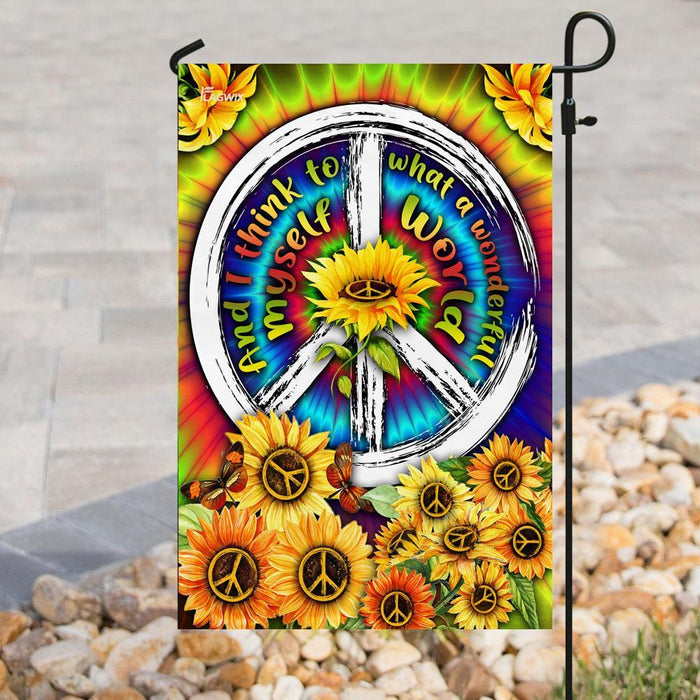 And I Think To Myself What A Wonderful World Hippie Tie Dye Sunflower Flag | Garden Flag | Double Sided House Flag - GIFTCUSTOM