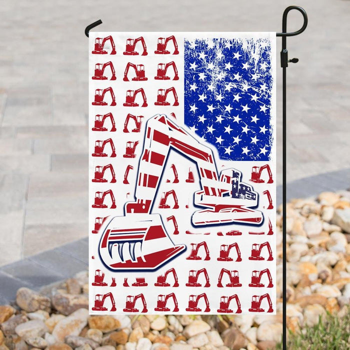 Excavator 4th July American Flag | Garden Flag | Double Sided House Flag - GIFTCUSTOM