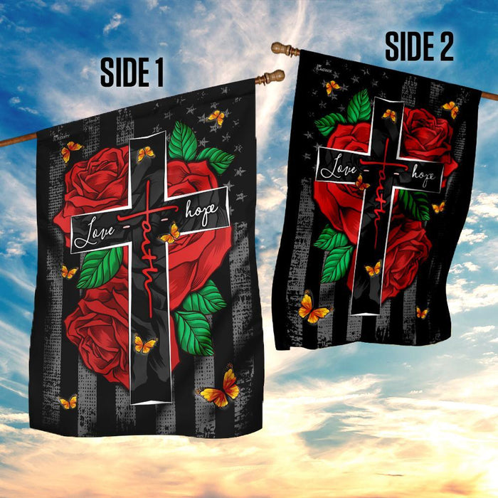 Faith Love Hope Roses American Flag | Garden Flag | Double Sided House Flag - GIFTCUSTOM