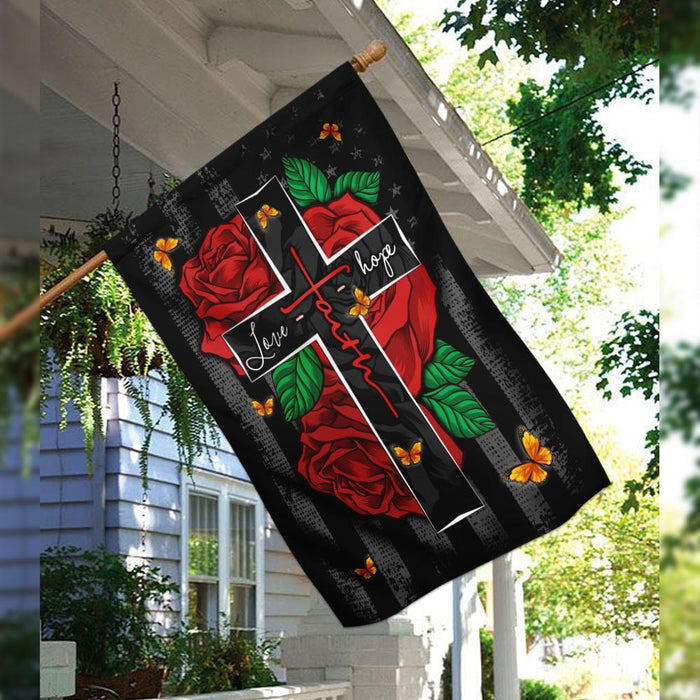 Faith Love Hope Roses American Flag | Garden Flag | Double Sided House Flag - GIFTCUSTOM