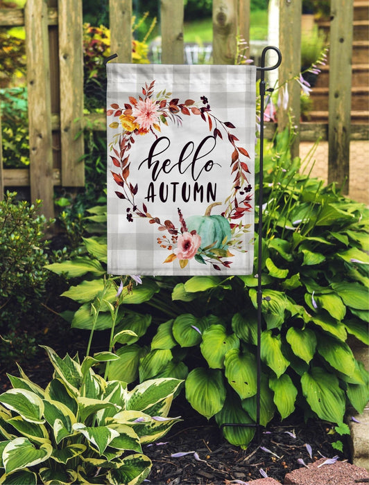 Hello Autumn Plaid Pumpkin Fall Seasonal Home & Garden Flag All Over Printed - GIFTCUSTOM