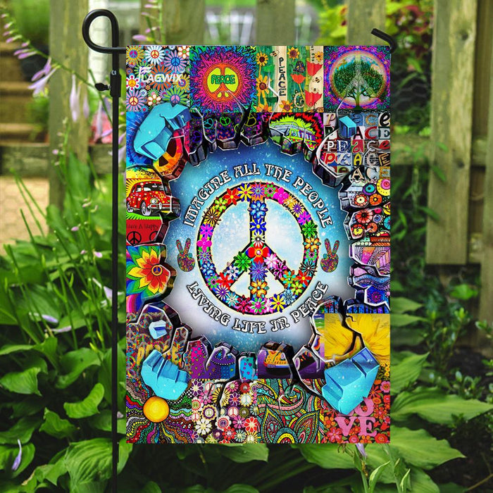 Hippie. Imagine All The People Living Life In Peace Flag | Garden Flag | Double Sided House Flag - GIFTCUSTOM