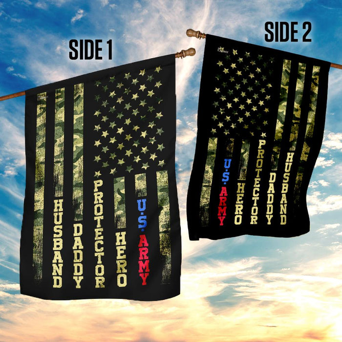 Husband Daddy Protector Hero U.S. Army Flag | Garden Flag | Double Sided House Flag - GIFTCUSTOM