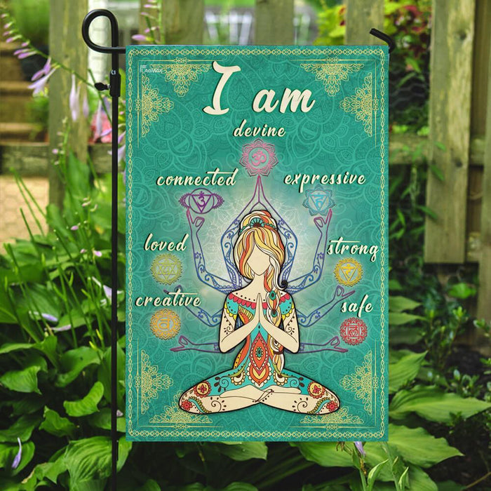 I Am Devine Connected Expressive Loved Strong Creative Safe Yoga Flag | Garden Flag | Double Sided House Flag - GIFTCUSTOM