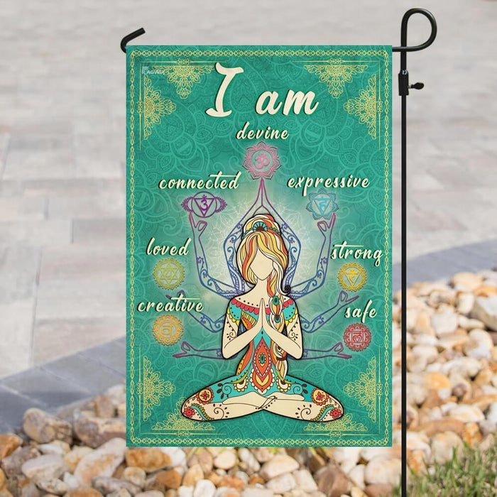 I Am Devine Connected Expressive Loved Strong Creative Safe Yoga Flag | Garden Flag | Double Sided House Flag - GIFTCUSTOM