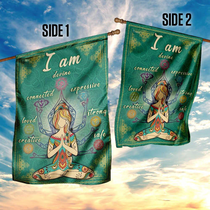 I Am Devine Connected Expressive Loved Strong Creative Safe Yoga Flag | Garden Flag | Double Sided House Flag - GIFTCUSTOM