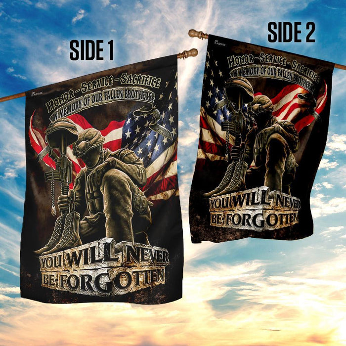 In Memory Of Our Fallen Brothers You Will Never Be Forgotten Veterans American Flag | Garden Flag | Double Sided House Flag - GIFTCUSTOM
