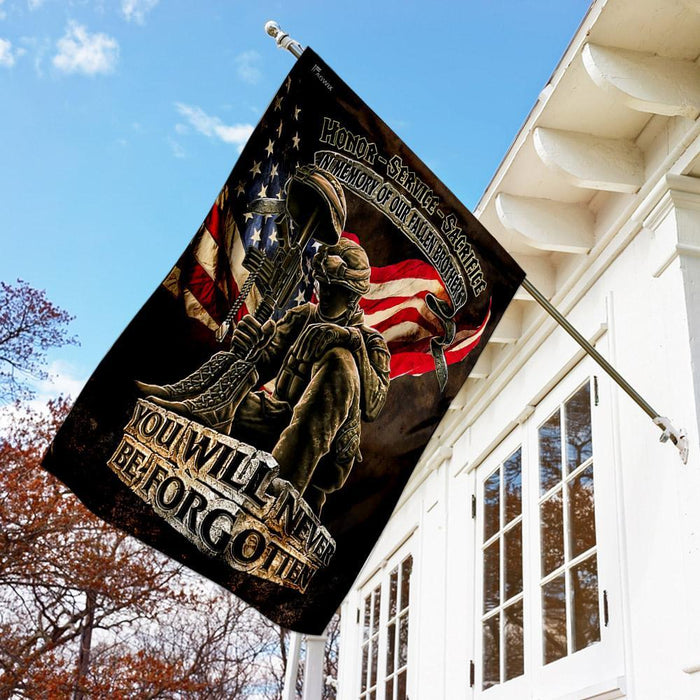 In Memory Of Our Fallen Brothers You Will Never Be Forgotten Veterans American Flag | Garden Flag | Double Sided House Flag - GIFTCUSTOM